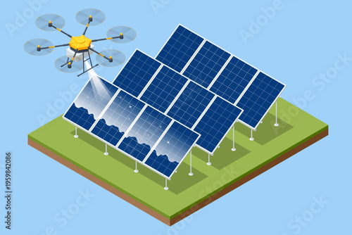 Isometric drone cleaning a large solar panel array with water spray from above. Renewable energy maintenance scene shows automated panel washing, efficiency support, smart service technology