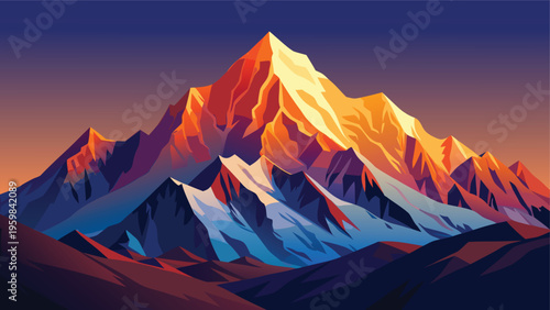 A vibrant digital illustration of a majestic mountain peak glowing under the warm golden sunset