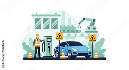 Electric Vehicle Charging Station in Smart Factory with Engineer and Robotic Arm. Sustainable Industry, Green Energy