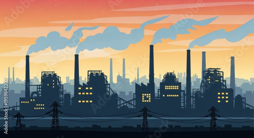 Industrial Landscape with Factories and Smoke at Sunset.