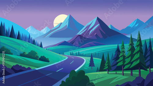 A serene flat vector illustration of a winding road leading towards majestic mountains at twilight