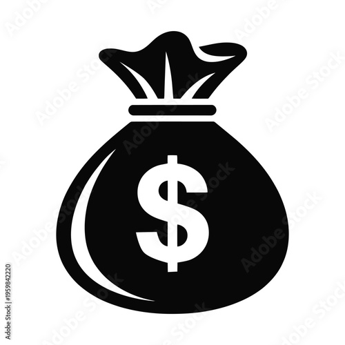 Black and white money bag icon with dollar sign
