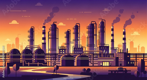 Industrial Plant at Sunset - A Vector Illustration of Energy Production.