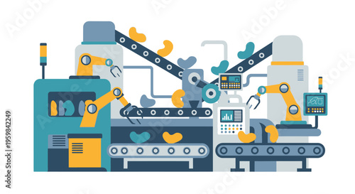 Modern Industrial Automation: Robotic Arms and Conveyor Belts on an Automated Smart Factory Production Line