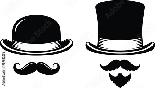  Set of vintage gentleman accessories vector illustration featuring bowler hat top hat mustache and beard elements in classic retro style isolated on white background