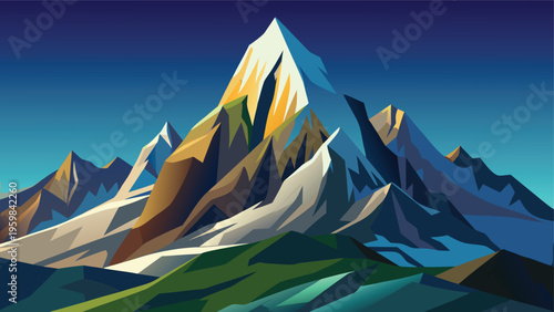 A digital illustration of a majestic snow-capped mountain peak bathed in golden sunset sunlight