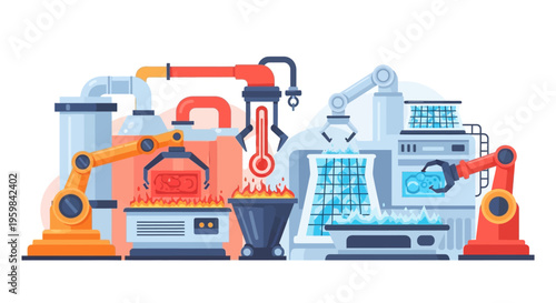 Advanced Smart Factory Automation with Robotic Arms, Industrial Production Machines, Furnaces, and Cooling Systems