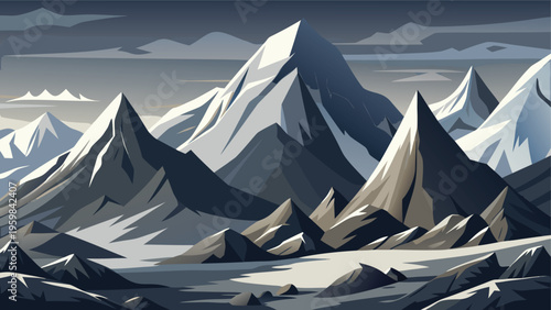 A majestic landscape featuring towering snow covered mountain peaks under a dark moody cloudy sky