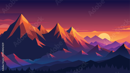 A vibrant vector illustration of sharp mountain peaks during a beautiful golden sunset at dusk