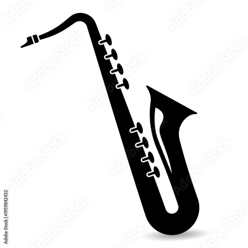 Black silhouette of a saxophone with keys and mouthpiece, casting a subtle shadow on a white background.