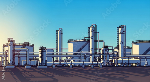 Industrial Plant Complex with Towers and Pipelines Under a Clear Sky.