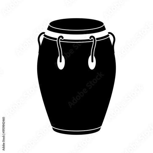 Black silhouette of a conga drum, a percussion instrument used in various music genres, with a distinct shape and tuning lugs.