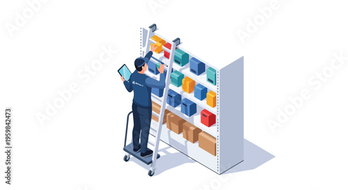 An industrial worker in a blue uniform uses a tablet while standing on a dolly beside a large warehouse logistics system board with colorful boxes and bins