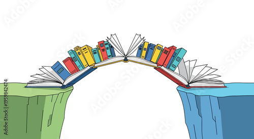 A colorful illustration of books forming a bridge between two cliffs