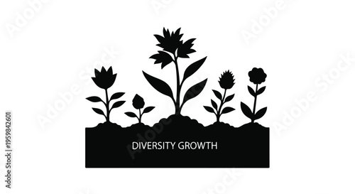 Silhouettes of various sized plants growing from soil labeled with the concept of diversity growth.