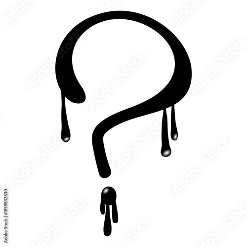 A black question mark dripping like liquid ink on a white background, symbolizing mystery and uncertainty.