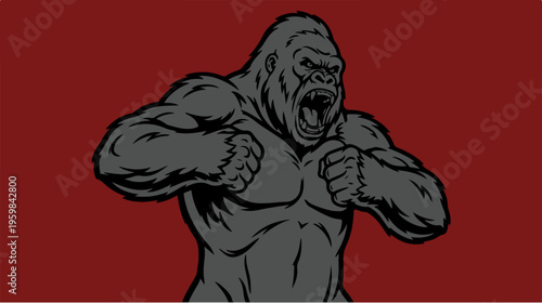 Gray Gorilla Fierce Angry Posture.