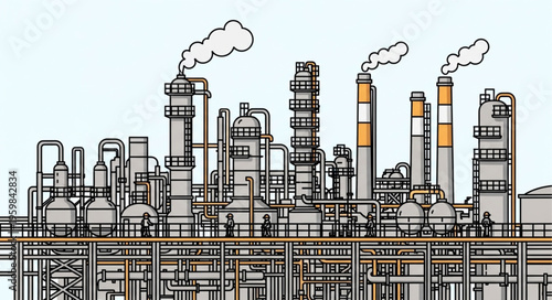 Industrial Plant Illustration - Detailed View of Factory and Chimneys.