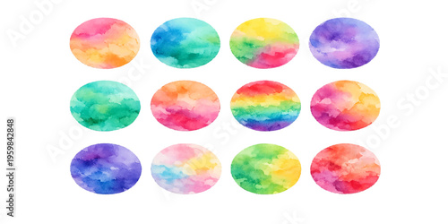 A colorful set of bright watercolor Easter egg icons designed as round glass spheres and glossy web buttons with vibrant patterns isolated on a white background vector illustration