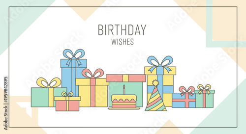 Colorful wrapped birthday presents stacked.