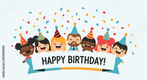 Diverse people celebrate birthday joy.