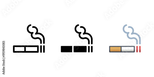 A set of three stylized cigarette icons featuring line art, solid black, and colored design styles Vector