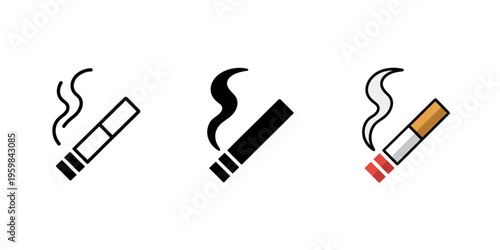 Set of three linear and filled cigarette icons with smoke plumes for smoking health warning signs Vector
