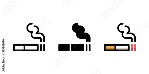Three different icon styles of a burning cigarette with smoke emitting from the filter end tip Vector
