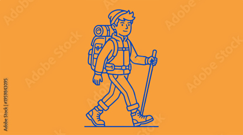 Hiker with backpack walking uphill.