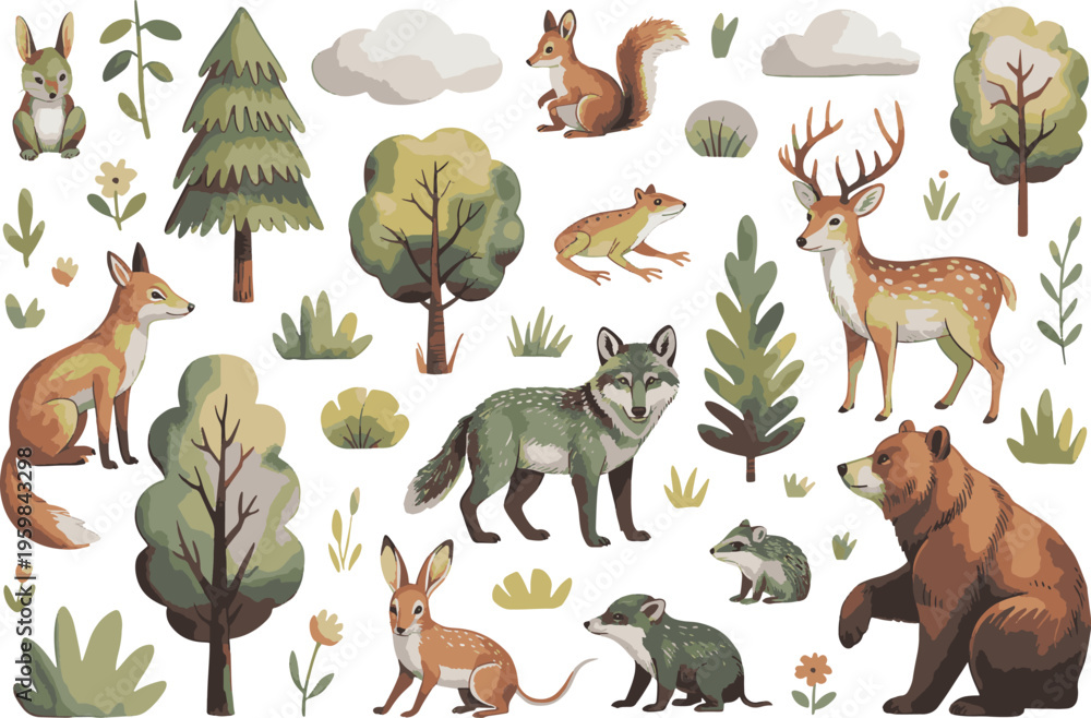 Naklejka premium Forest animals and trees with clouds and flowers on white background