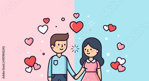 Cartoon couple holding hands smiling.