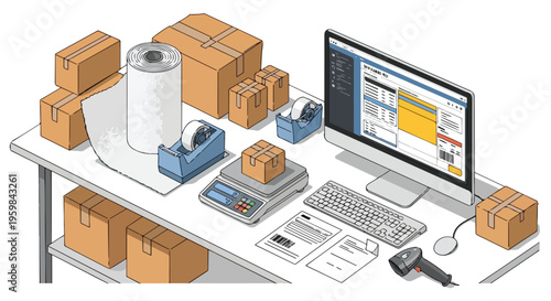 An organized desk with a computer, keyboard, and various packages and shipping supplies, representing an efficient warehouse logistics system with a clean and professional setup