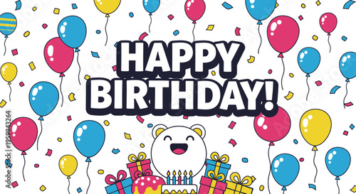 Smiling bear with birthday cake.