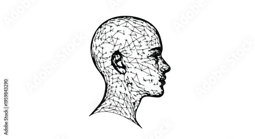 Wireframe human head profile illustrates complex neural network connections and artificial intelligence concepts.