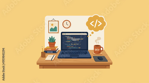 Laptop on a wooden desk.