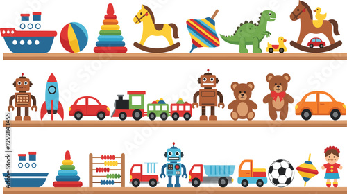 Colorful Kids Toys Collection on Shelves Vector Illustration with Cartoon Cars, Robots, Teddy Bears, Train, Rocket, Dinosaur, and Play Objects for Children Design.