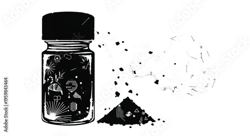 A small glass jar filled with dark particles has its contents spilling out onto a white surface, forming a small pile.