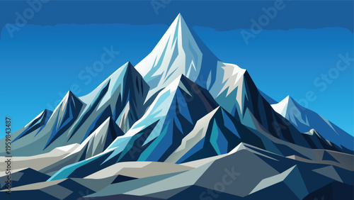 A stylized artistic illustration of a majestic snow-covered mountain range under a clear sky