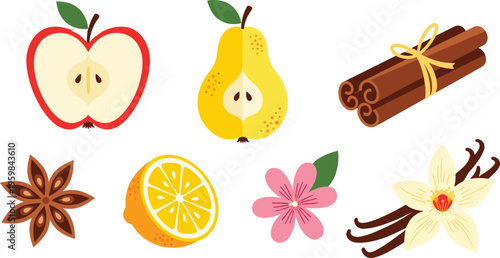  Set of fresh fruits and spices vector illustration featuring apple pear orange slice cinnamon sticks star anise vanilla and flower elements isolated on white background
