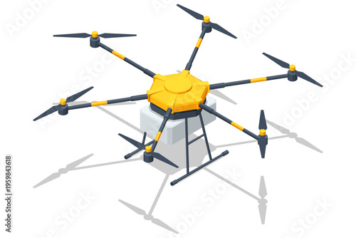 Isometric heavy lift multicopter drone with six rotors and central cargo module. Industrial unmanned aircraft concept represents freight transport, aerial logistics and modern delivery technology