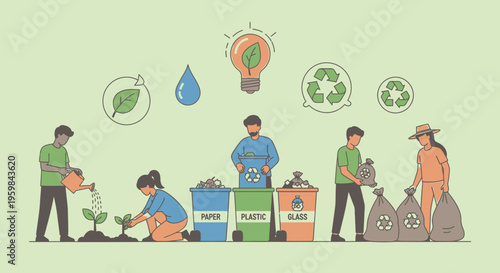 Diverse group of people actively engaged in recycling and waste sorting, surrounded by eco-friendly symbols, promoting environmental protection and sustainability, on a bright green background.