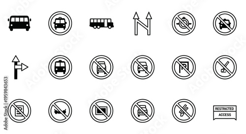 Set of thin line icons for transportation, traffic signs, and restricted access, including bus, arrows, no entry, and stop symbols, on an isolated white background.