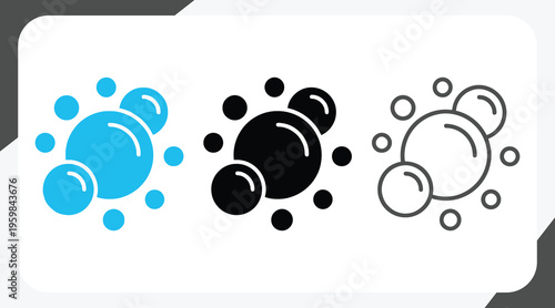 Soap bubbles icon. Foam bubble symbol. Sparkling water vector illustration. Fizzy soda drops sign. Oxygen sphere pictogram. Clean wash suds concept. Blue blowing bubbles icon set.