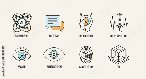 Set of Artificial Intelligence and Technology Concept Icons Isolated White Background, AI Features and Functions