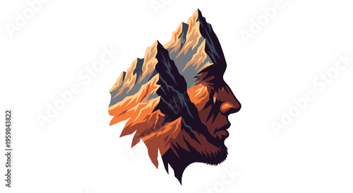 A stylized illustration of a man's face with a mountain range emerging from his hair
