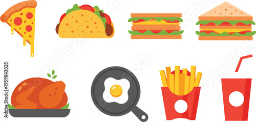  Set of fast food meal vector illustrations featuring pizza taco sandwiches roasted chicken fried egg french fries and soft drink collection