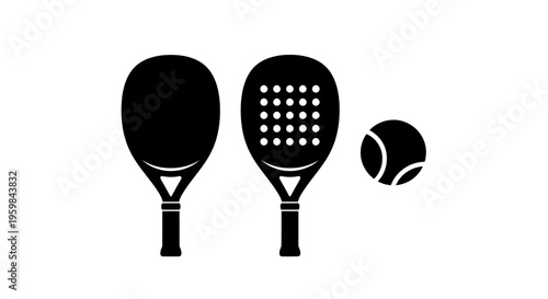 Black Silhouette Paddle Tennis Rackets and Ball Isolated White Background, Padel Sport Equipment Vector