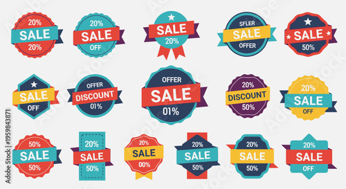 Collection of colorful sale and discount badges with various percentages for promotional marketing, on a bright studio background.