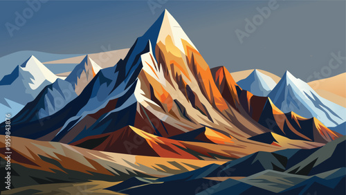 A stunning artistic illustration of majestic snow capped mountain peaks glowing in golden sunlight