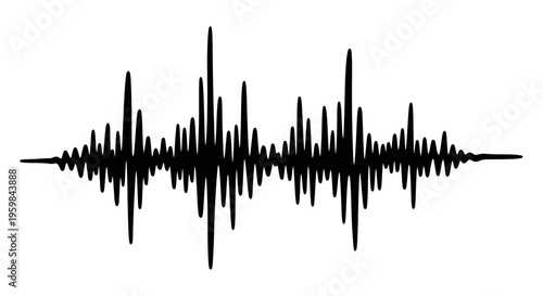 Abstract black sound wave or audio frequency waveform representation, on an isolated white background.